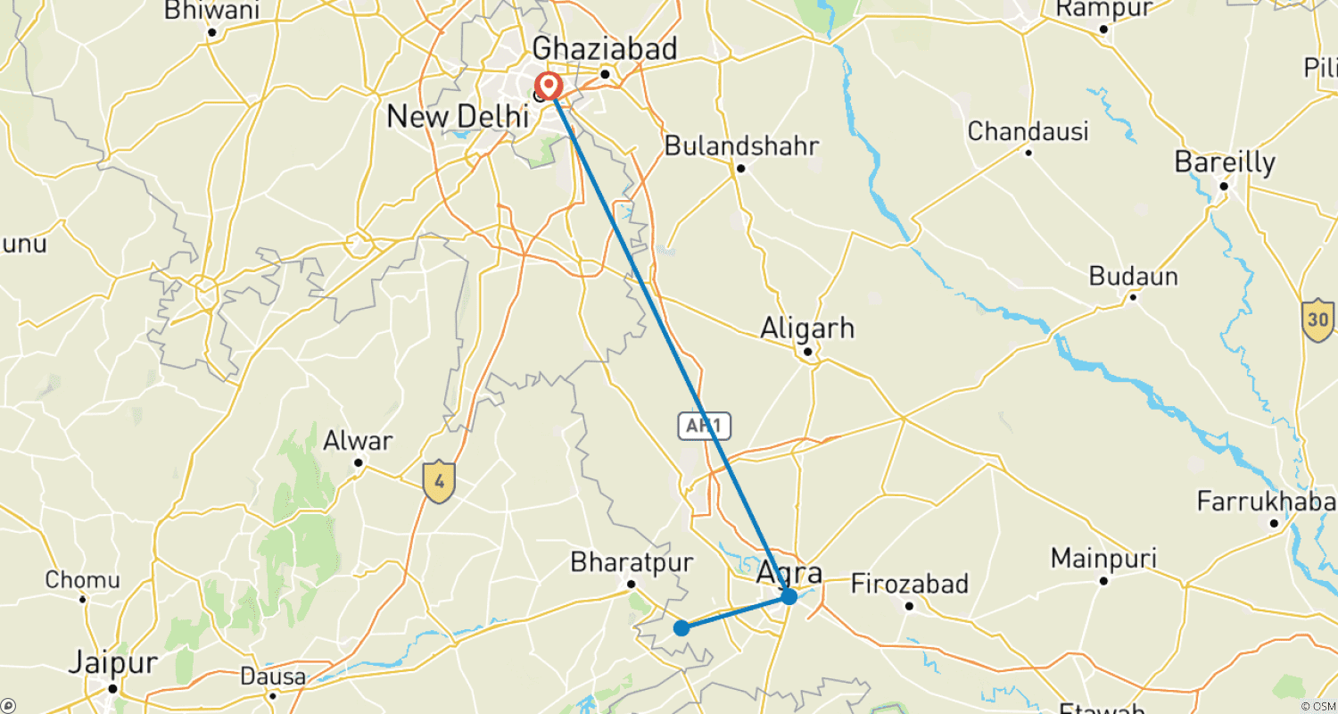 Mapa trasy: Wycieczka Delhi-Agra Fatehpur Sikri i Tadż Mahal o wschodzie słońca.