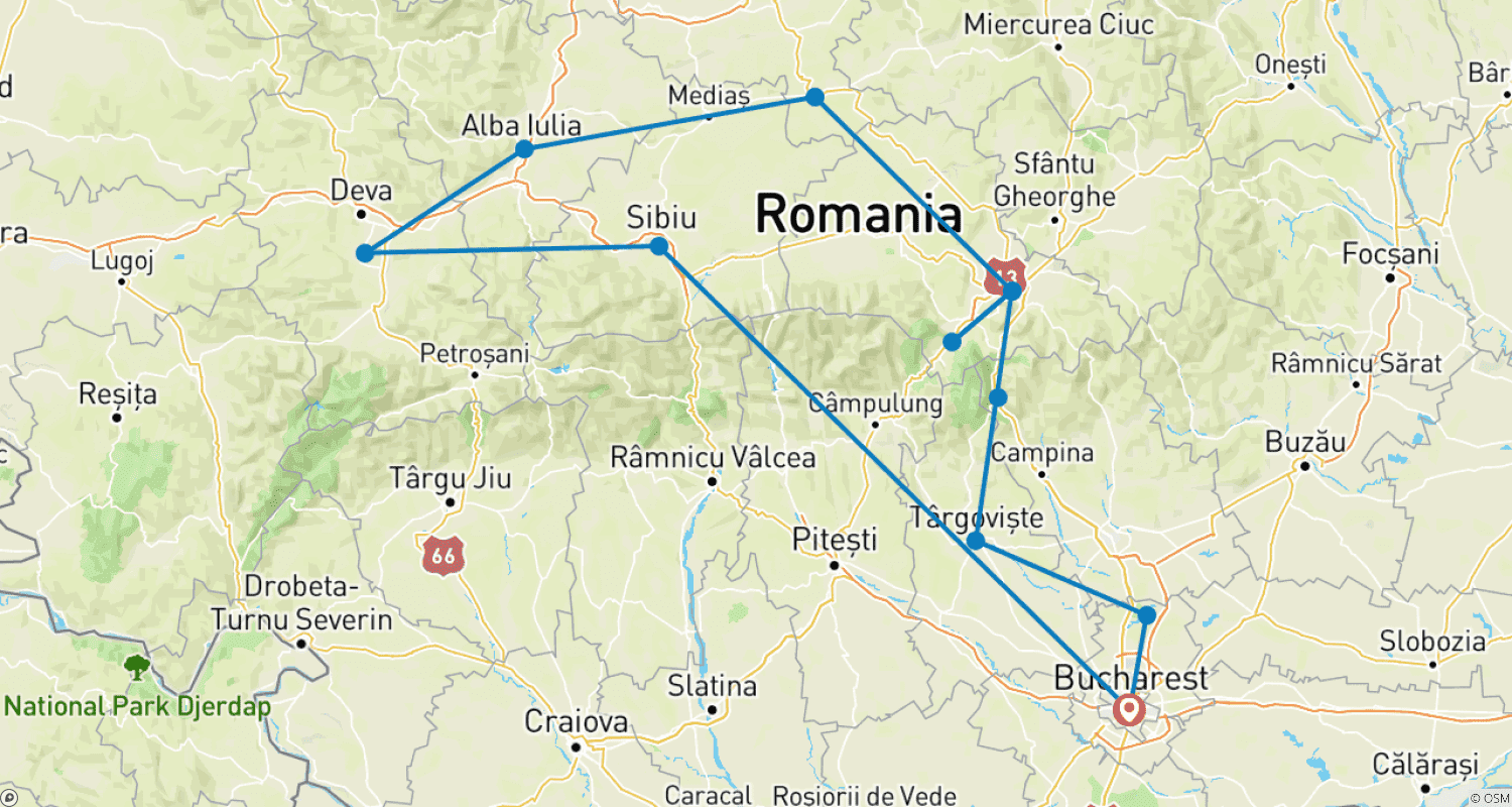 Mapa do percurso de Nos passos do Conde Drácula - Tour acompanhado