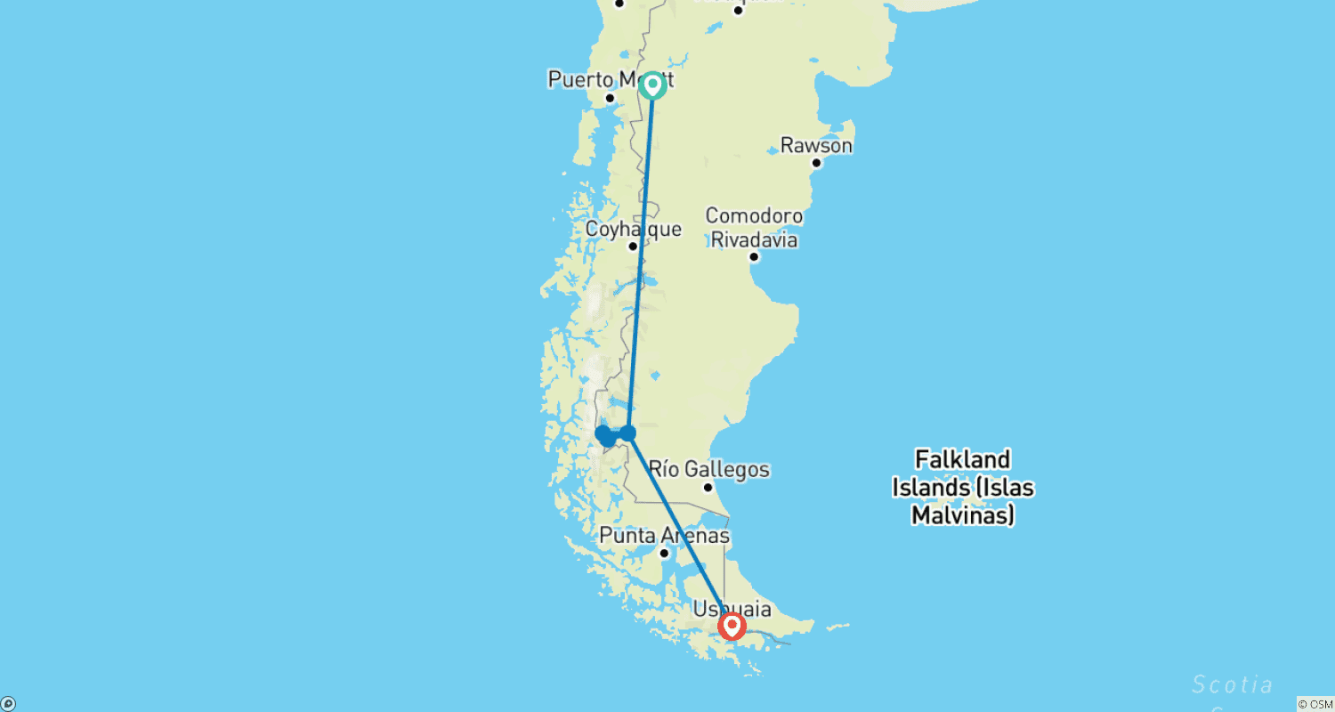 خريطة مسار الأرجنتين: Bariloche وCalafate وUshuaia - 7 أيام