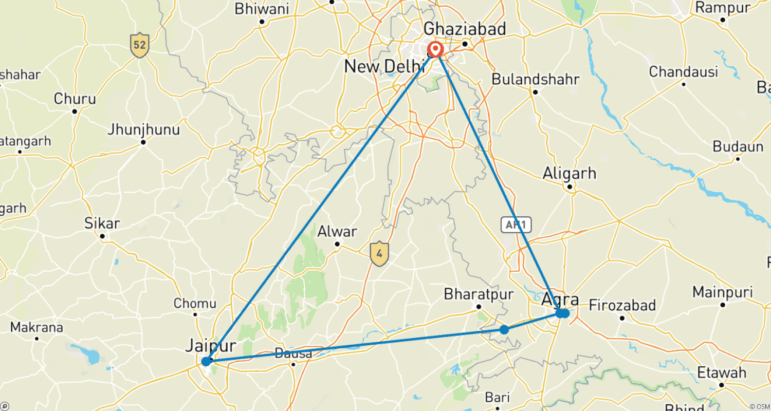 Mapa trasy: 5-dniowa prywatna wycieczka po Złotym Trójkącie w Indiach z New Delhi