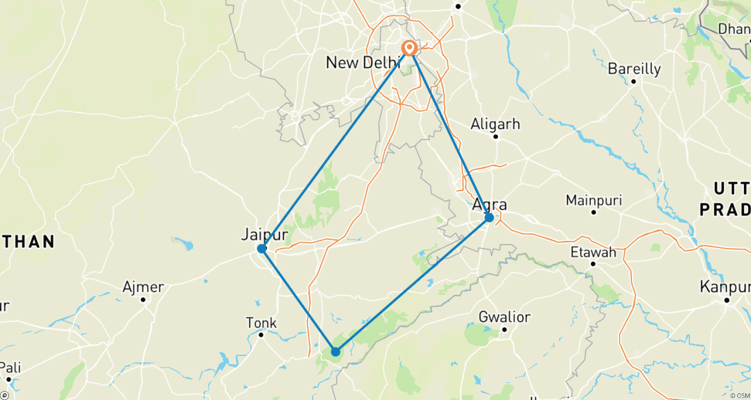 Mapa trasy: Wycieczka po Złotym Trójkącie z dziką przyrodą i safari z tygrysami w Ranthambore