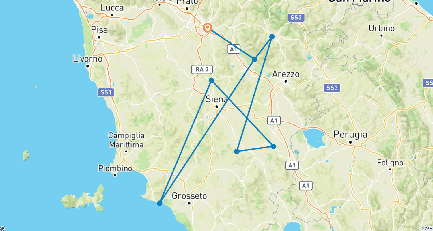 Mapa do percurso de Passeio pela Toscana com os locais