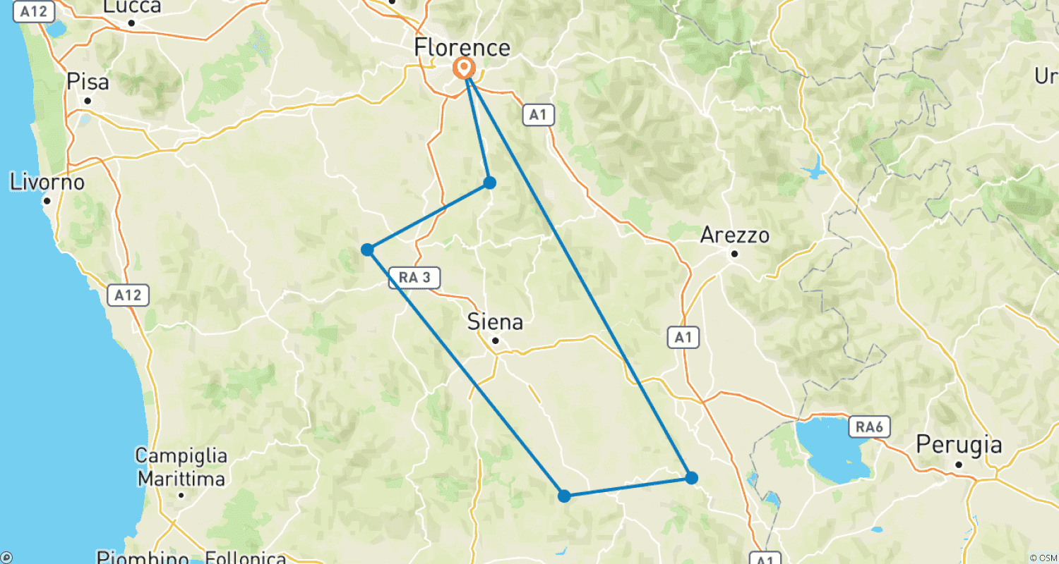 Mapa do percurso de Tour de Vinhos na Toscana - 3 dias com os locais