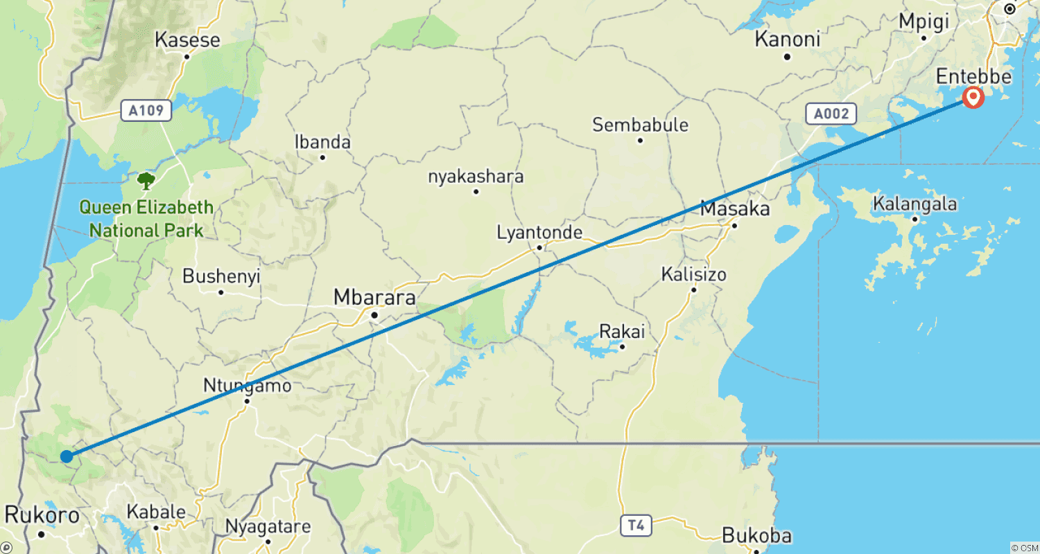 Mapa trasy: 3-dniowe safari lotnicze z trekkingiem goryli w Parku Narodowym Bwindi