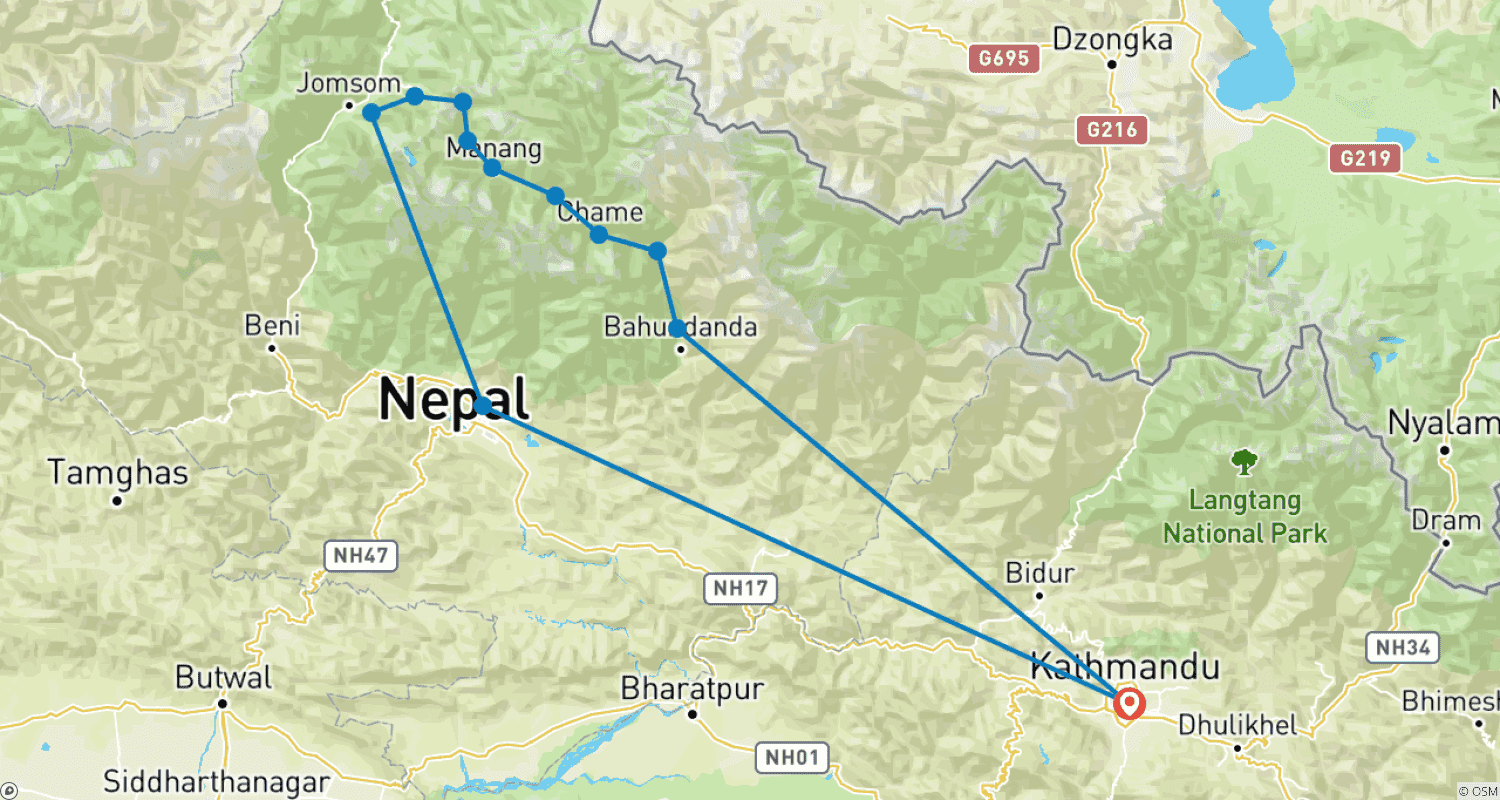 Mapa do percurso de Trilho do Circuito Annapurna - 14 Dias