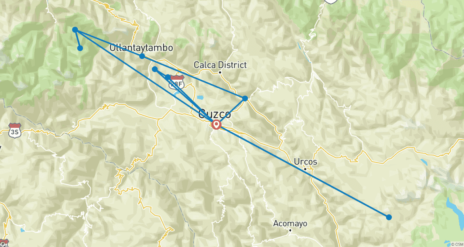 Mapa trasy: 6-dniowy pakiet podróży do Cusco: Cusco, Dolina Święta, Machu Picchu i Góra Tęczy.