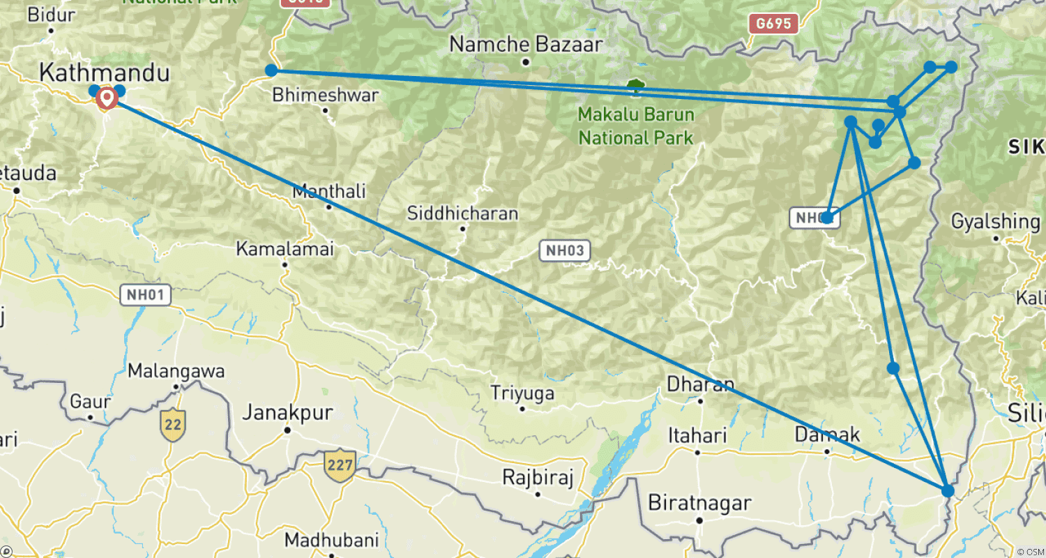 Mapa trasy: Trekking wokół Kanczendzongi - 27 Dni