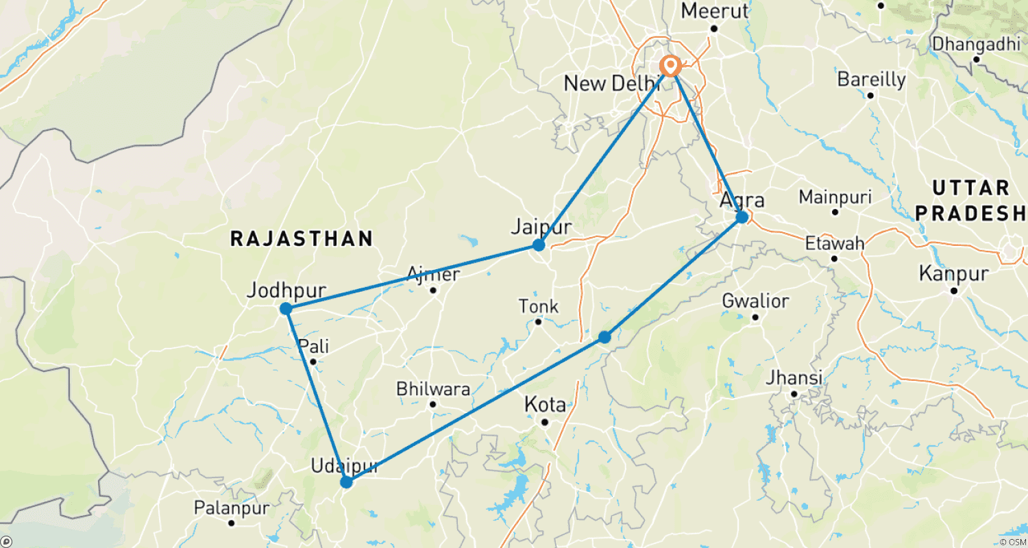 Mapa do percurso de Excursão de 11 Dias pelo Rajastão com Vida Selvagem - Tigres, Taj Mahal, Lagos e Mais