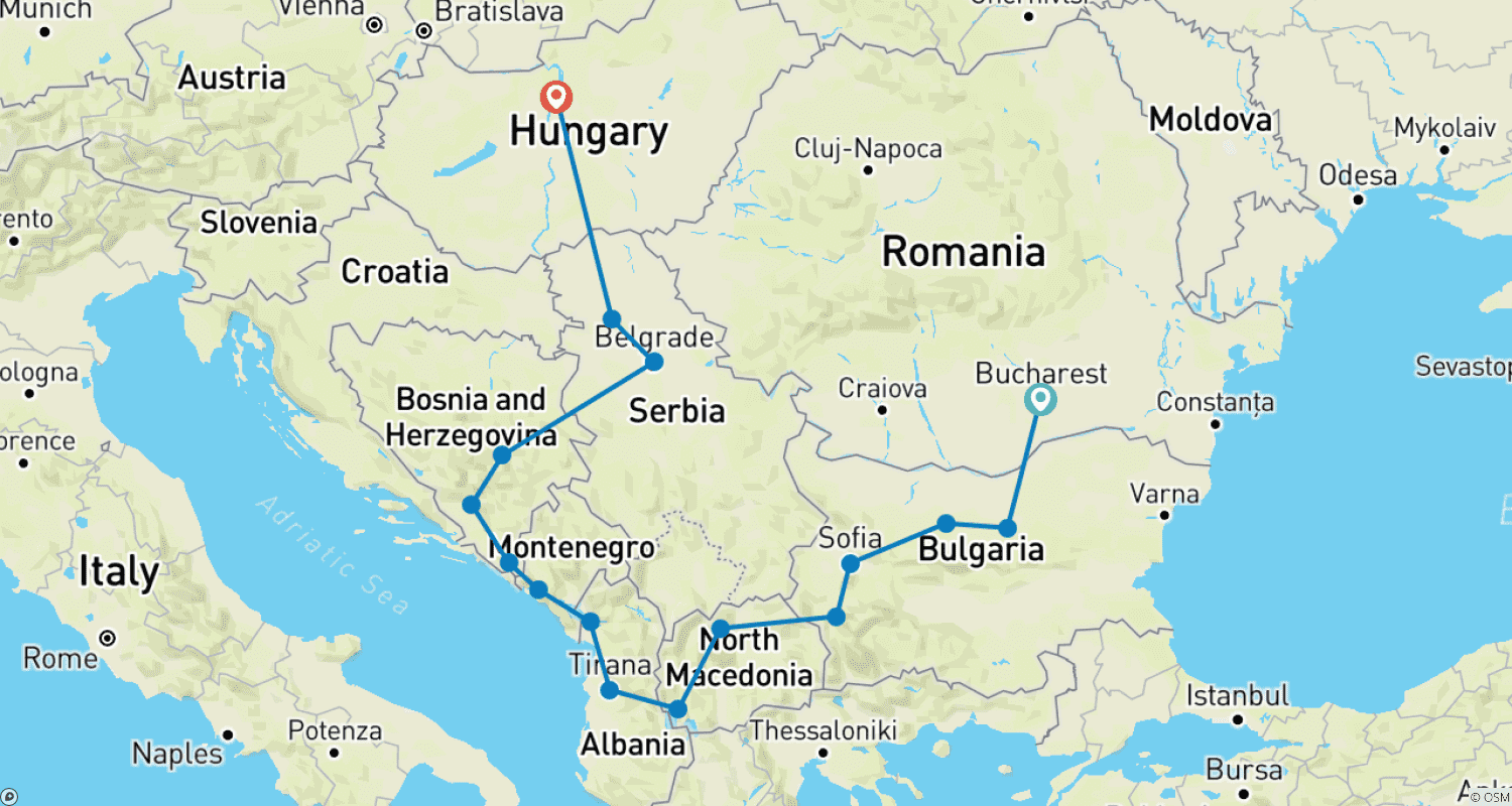 Mapa do percurso de Excursão de 9 dias pelos Bálcãs de Bucareste a Budapeste