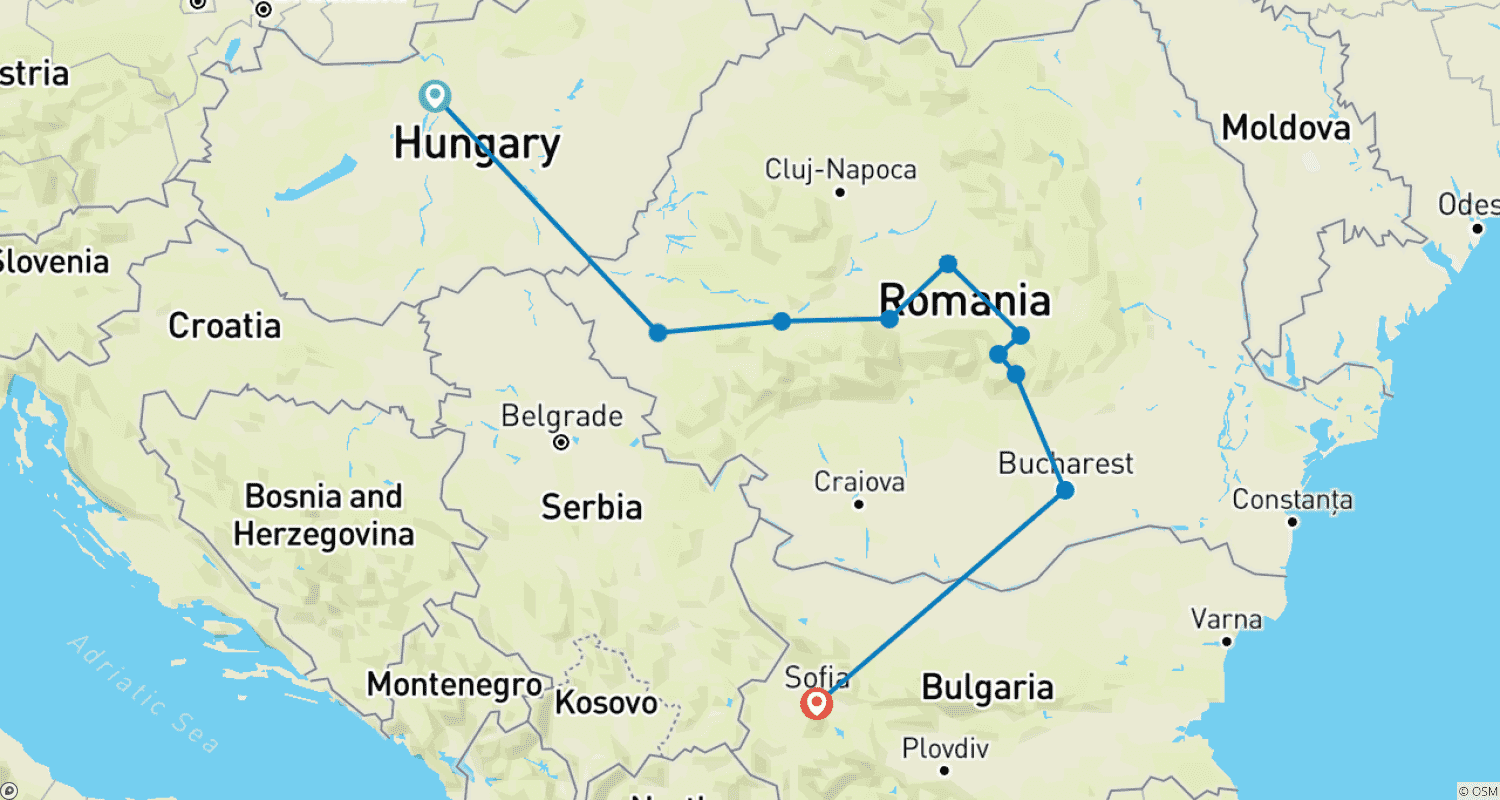 Mapa do percurso de 6 Dias de Budapeste a Sófia com a Transilvânia
