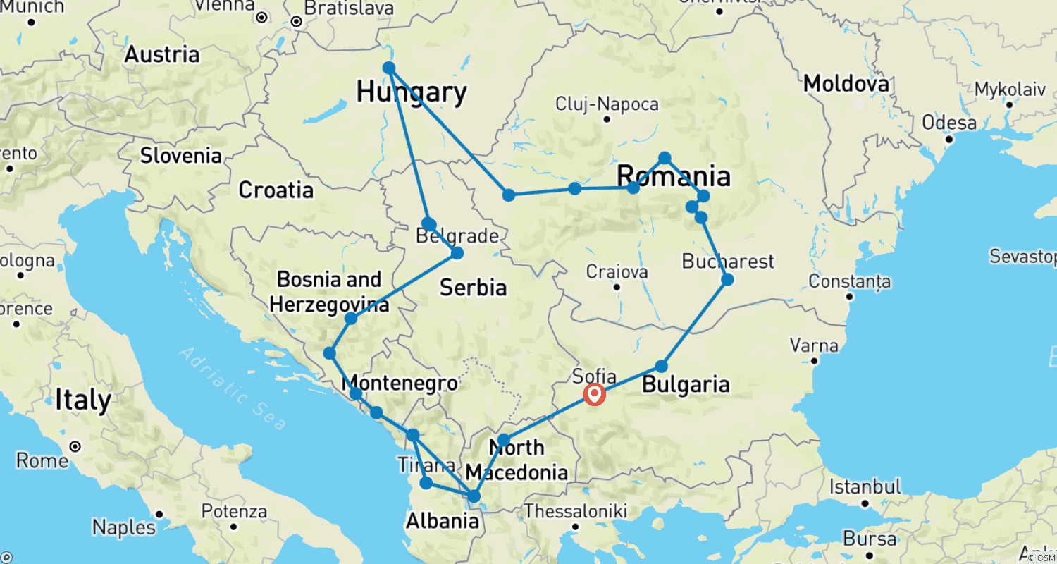 Mapa do percurso de Viagem Completa de 14 dias pelos Bálcãs, de Sófia à Transilvânia (34 destinos)