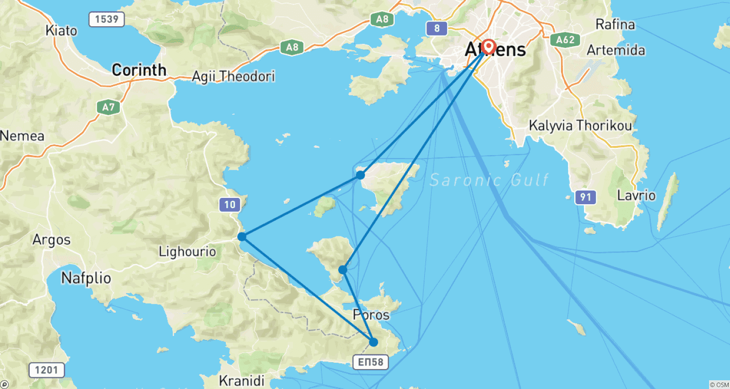 Mapa trasy: 1-tygodniowy rejs żeglarski z jogą i SUP na wyspach Sarońskich lub/i Cykladach ZGODNIE Z WARUNKAMI POGODOWYMI. W CENIE ŚNIADANIA I LEKKIE OBIADY.