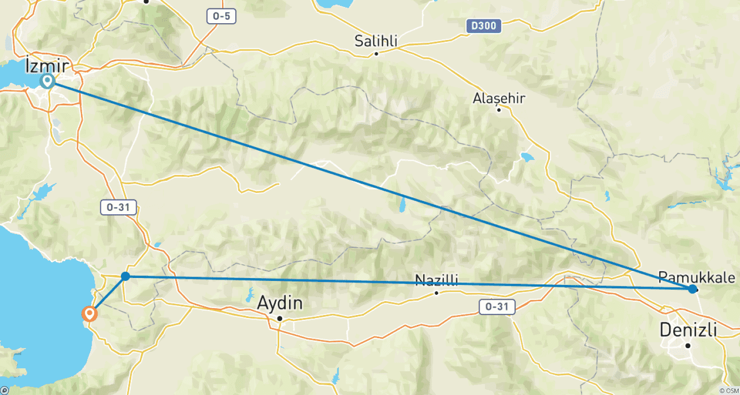 Mapa trasy: Kuşadasi Essentials – 4 dni z wycieczkami do Efezu i Pamukkale