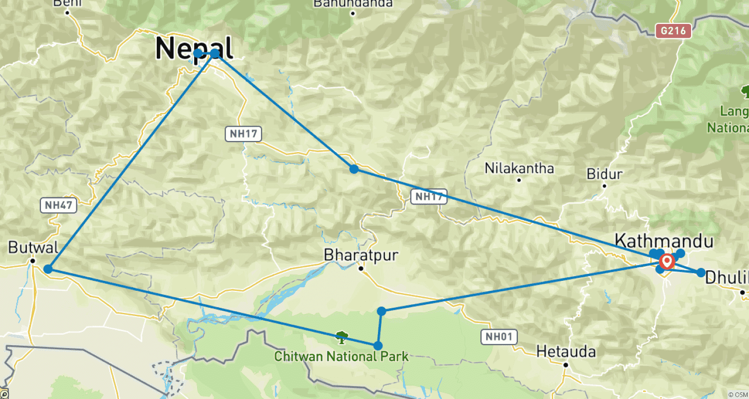 Mapa do percurso de Tour pelos Destaques do Nepal