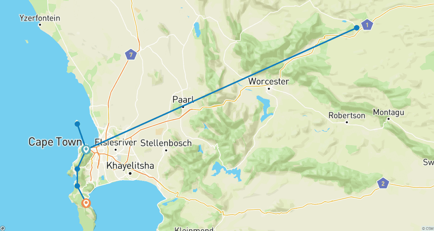 Mapa trasy: Prywatna wycieczka po Przylądku, 5 dni: zwiedzanie Kapsztadu i Góry Stołowej, Wyspa Robben, wycieczka „Wielka Piątka” i pingwiny na Półwyspie Przylądkowym