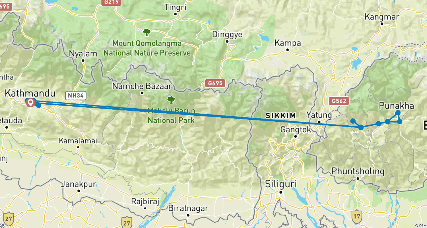 Mapa do percurso de Viagem Nepal e Butão