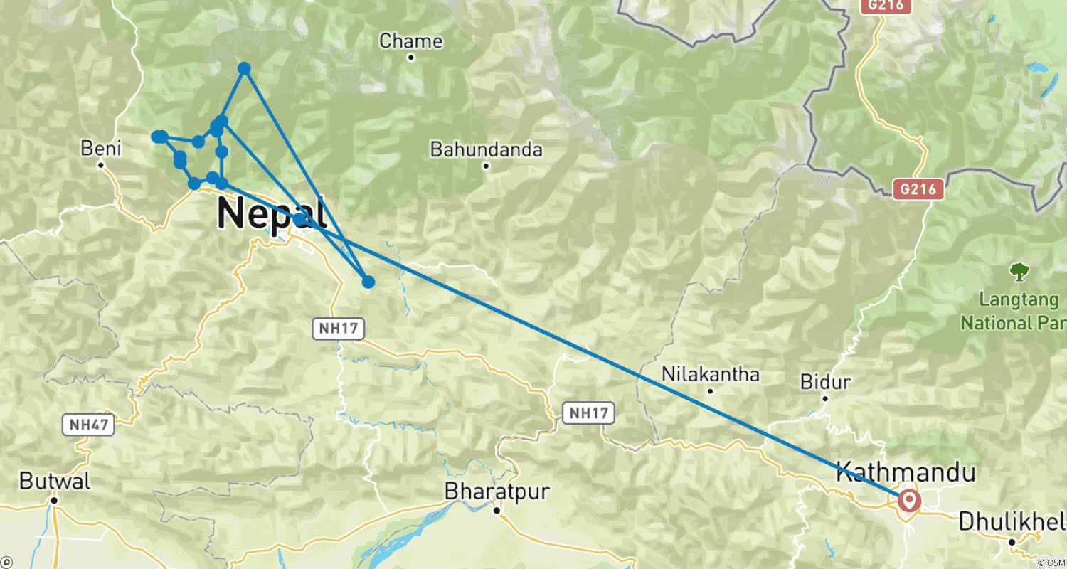 Mapa do percurso de Trilho para o Acampamento Base de Annapurna