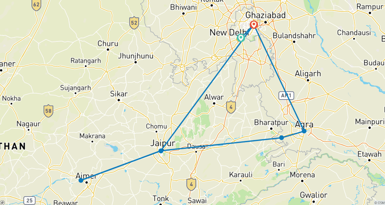 Mapa trasy: 6-dniowa wycieczka Złotym Trójkątem z Pushkar - Delhi Agra Jaipur Pushkar Tour