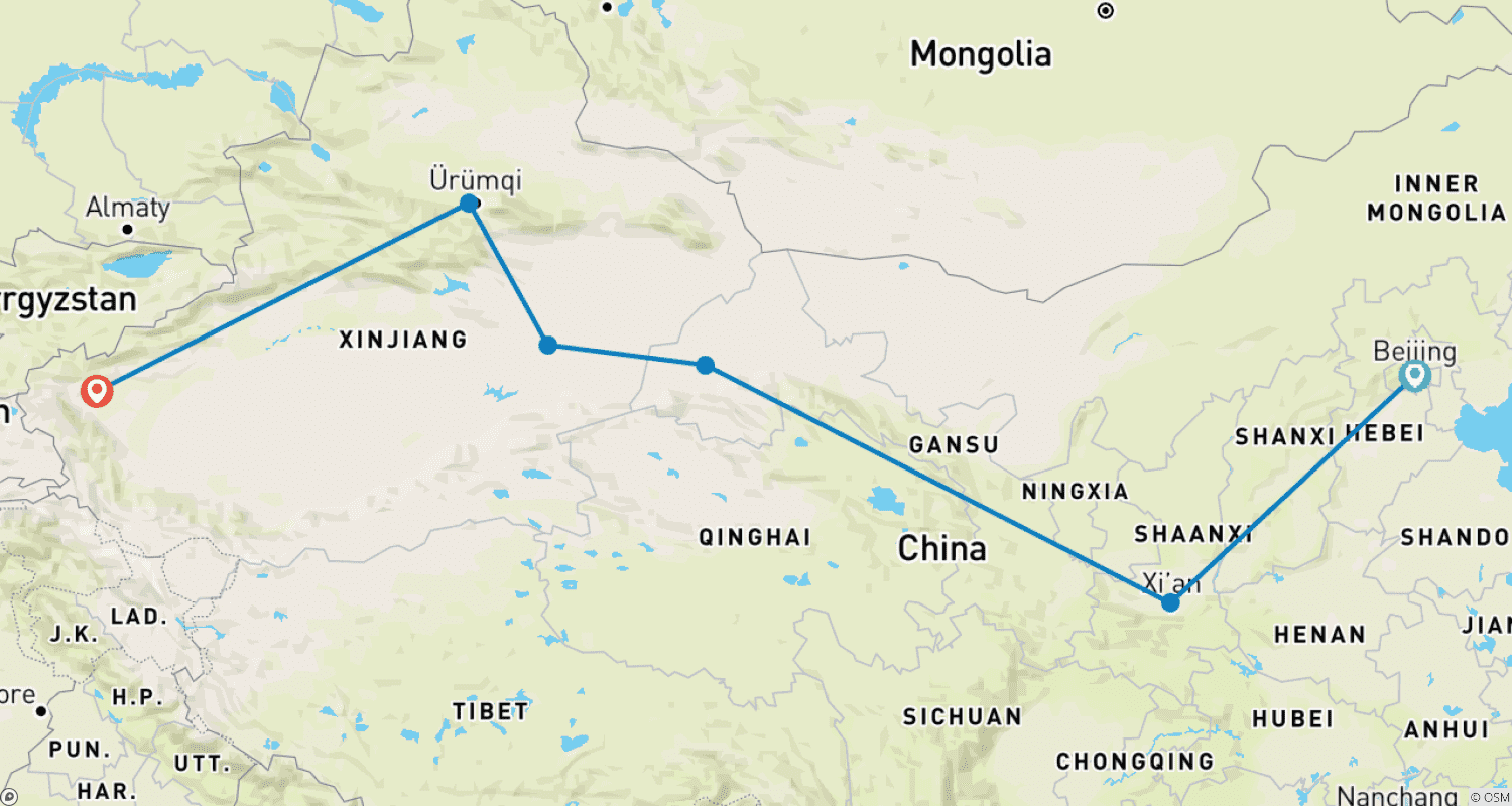 Mapa do percurso de O Melhor da Rota da Seda em 10 Dias: Pequim, Xian, Dunhuang, Turpan, Urumqi e Kashgar
