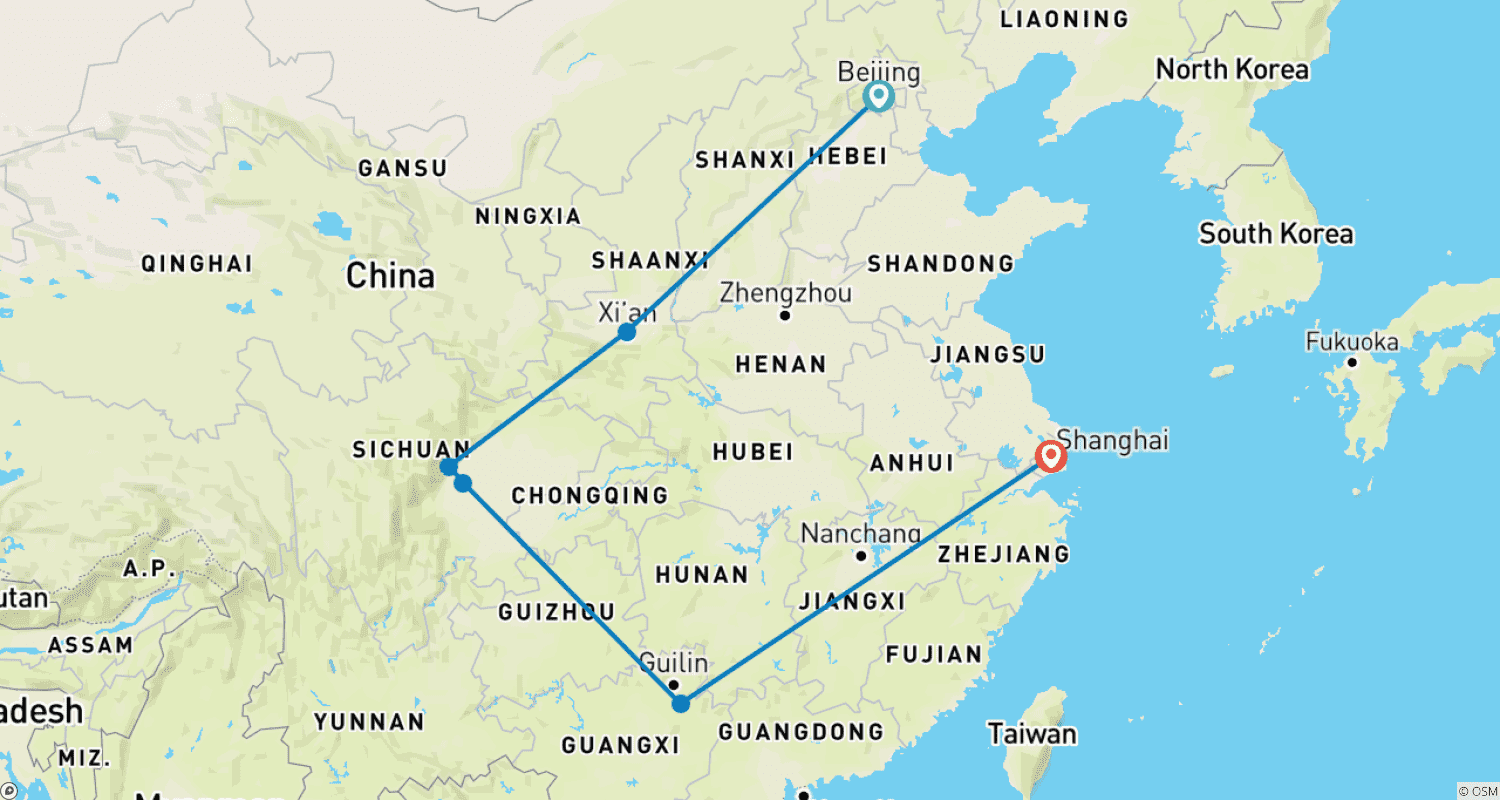 Wild China 10 Days:  Beijing, Xian, Chengdu, Yangshuo and Shanghaiのルートマップ