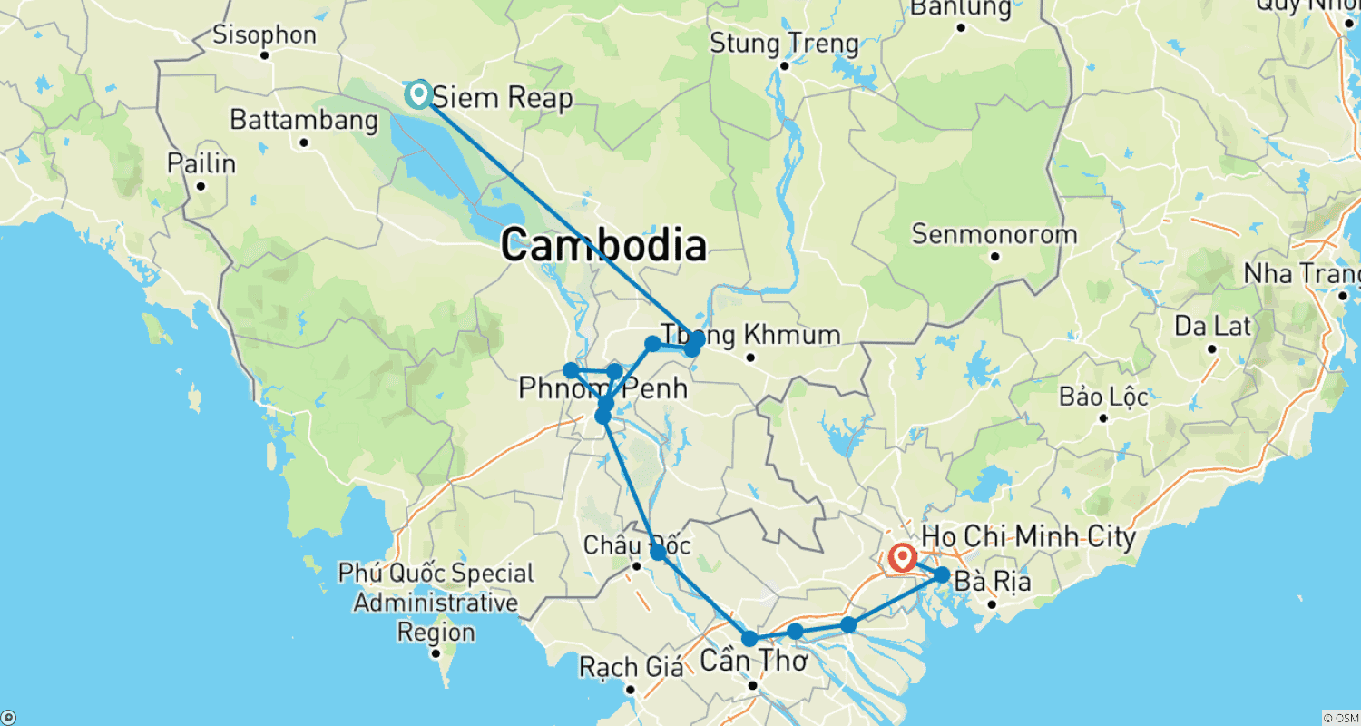 خريطة مسار فيتنام وكمبوديا الأساسية: Siem Reap ← Ho Chi Minh City (2026)