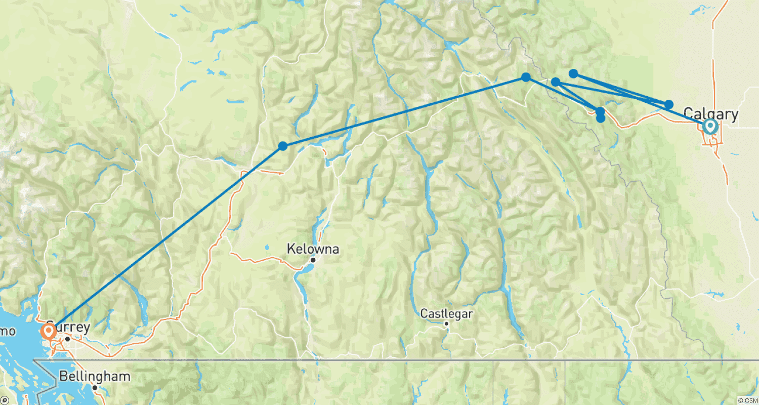 Mapa trasy: Cudowne Góry Skaliste: Calgary → Vancouver (2026)