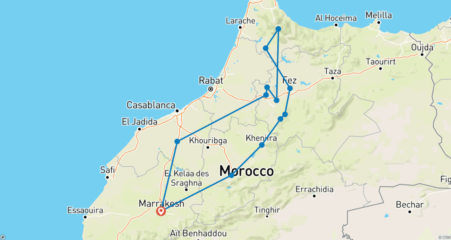 Mapa do percurso de Chefchaouen e Norte, Tour Privado