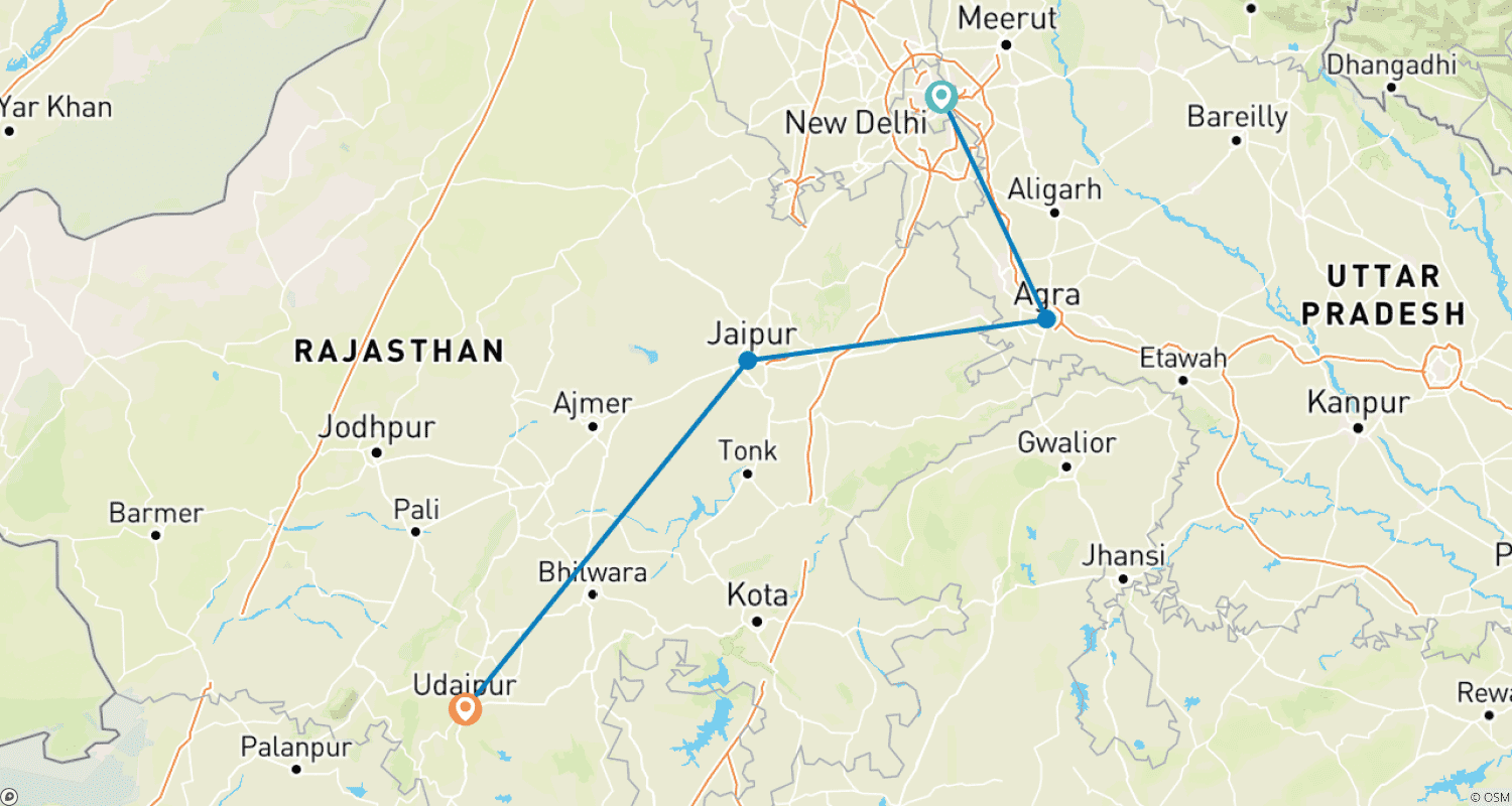 Mapa do percurso de Tour Definitivo pela Herança: Mewar com Forte Vermelho, Taj Mahal e Forte Amber