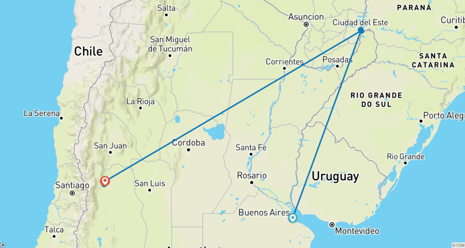 Mapa do percurso de Viva Buenos Aires, Mendoza e Iguaçu - 08 dias