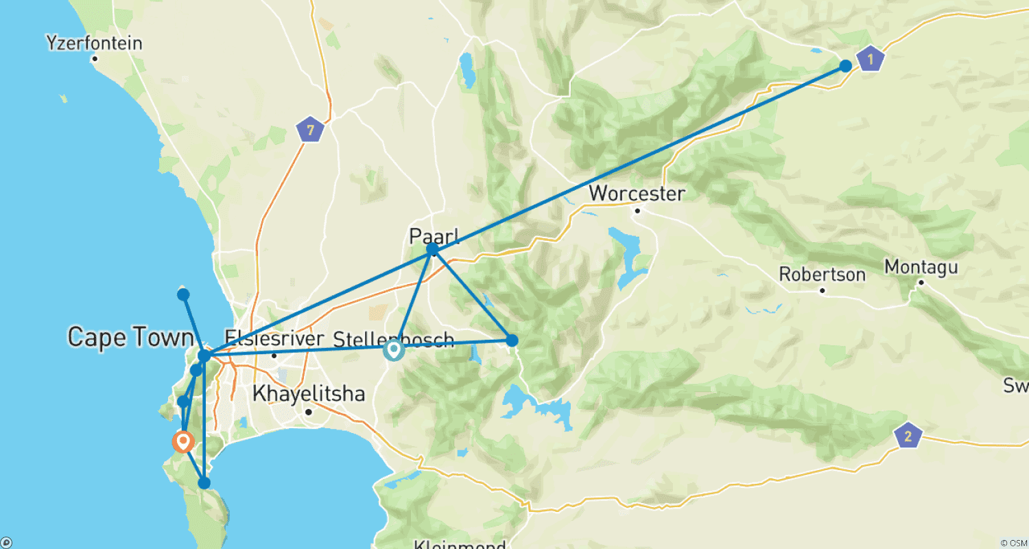 Mapa trasy: Kapsztad, 5-dniowa wycieczka: Degustacja wina, Półwysep Przylądkowy, Wyspy Robben, Safari Wielkiej Piątki i Kolejka linowa na Górę Stołową