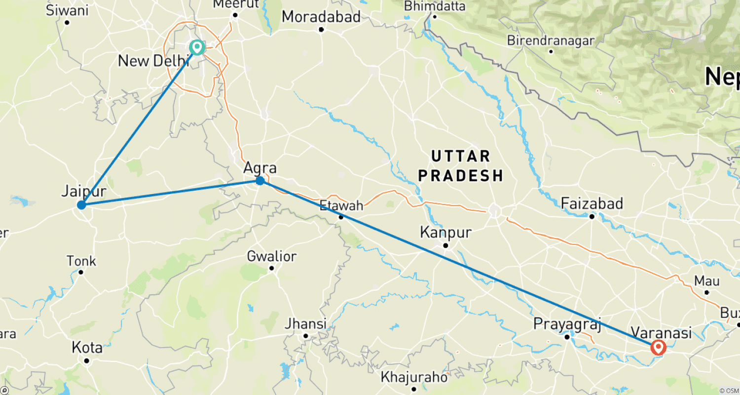 Mapa do percurso de Passeios pelo Triângulo Dourado na Índia e Varanasi