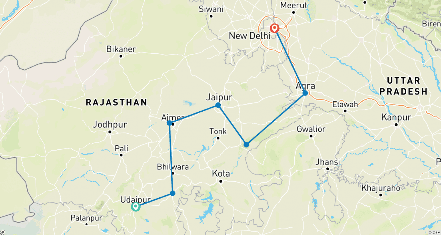 خريطة مسار Rajasthan Tour from Udaipur to Delhi – Explore Forts, Palaces & Culture of North India