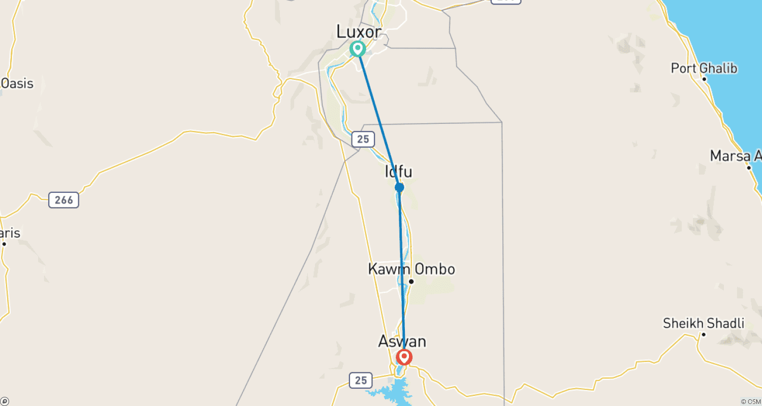 Mapa trasy: Z Luxor 4 dni / 3 noce rejs po Nilu Z PRZEWODNIKIEM + W CENIE WYCIECZKA GRATIS „ABU SIMBEL”