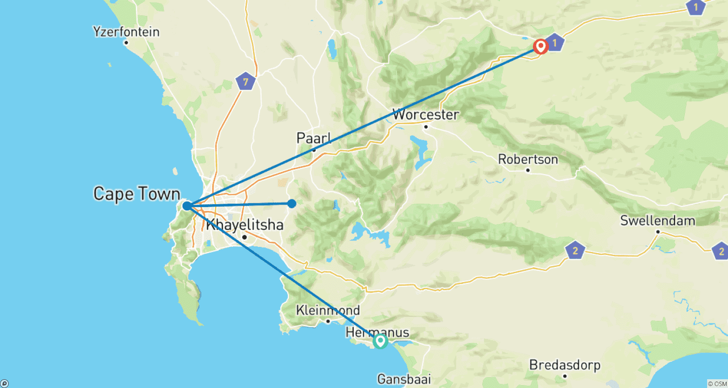 Mapa do percurso de África do Sul Cidade do Cabo Passeios de 5 Dias: Observação de Baleias, Península do Cabo, Degustação de Vinhos, Safari Aquila e Passeio de Parapente