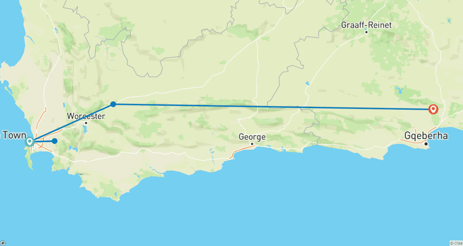 Mapa trasy: Kapsztad 5-dniowe wycieczki po atrakcjach: Wycieczka helikopterem, degustacja wina, Cape Point, Safari Aquila i Słonie Addo