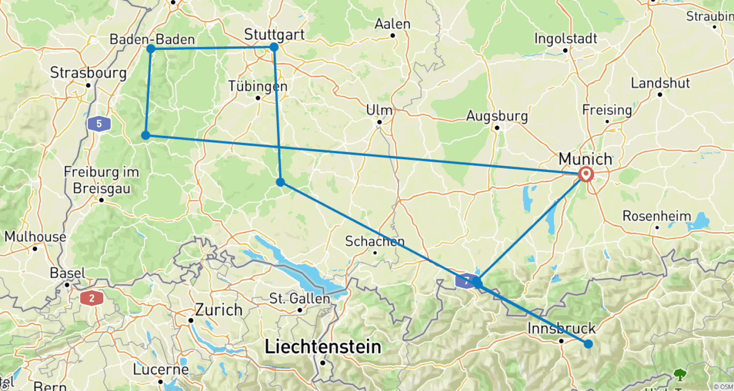 Mapa do percurso de Porsche 911 Drive: German Autobahn, Castles & Car Museum of Porsche and Mercedes: Pre-set sat-nav guided