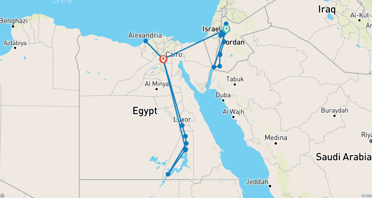 Mapa trasy: 15-dniowe najważniejsze atrakcje Jordanii i Egiptu