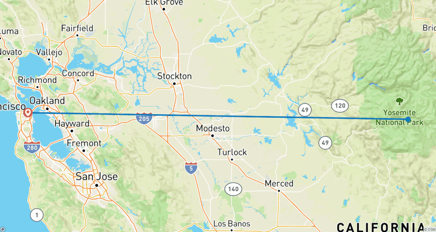 Mapa do percurso de Excursão com Alojamento Noturno em Yosemite - 2 Dias