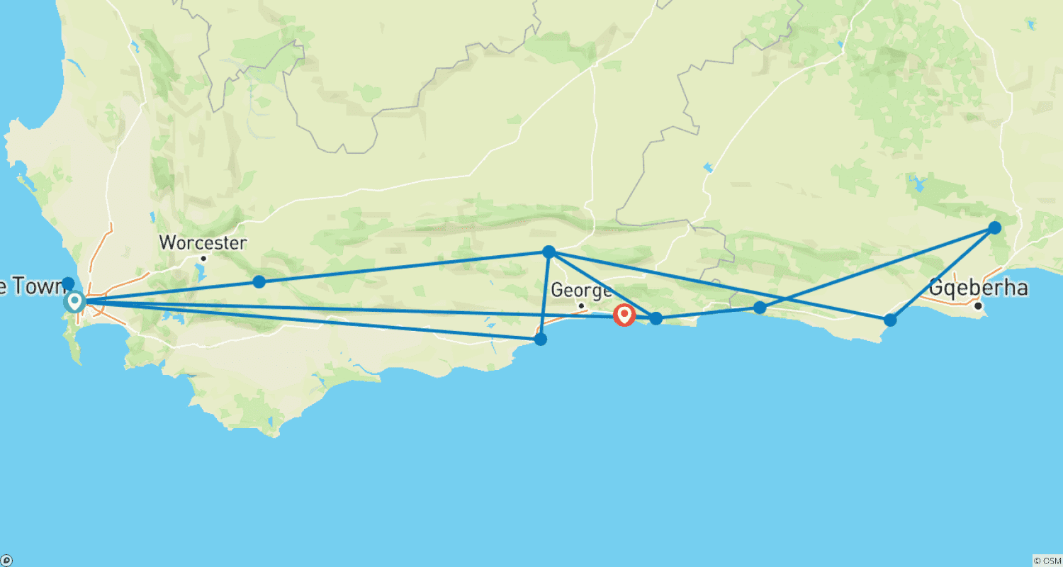 南アフリカ ケープタウン、5日間 - Robben Islandツアー、Mossel Bay、Knysna / Plettenberg Bay、Oudtshoorn & Addo Game Driveのルートマップ