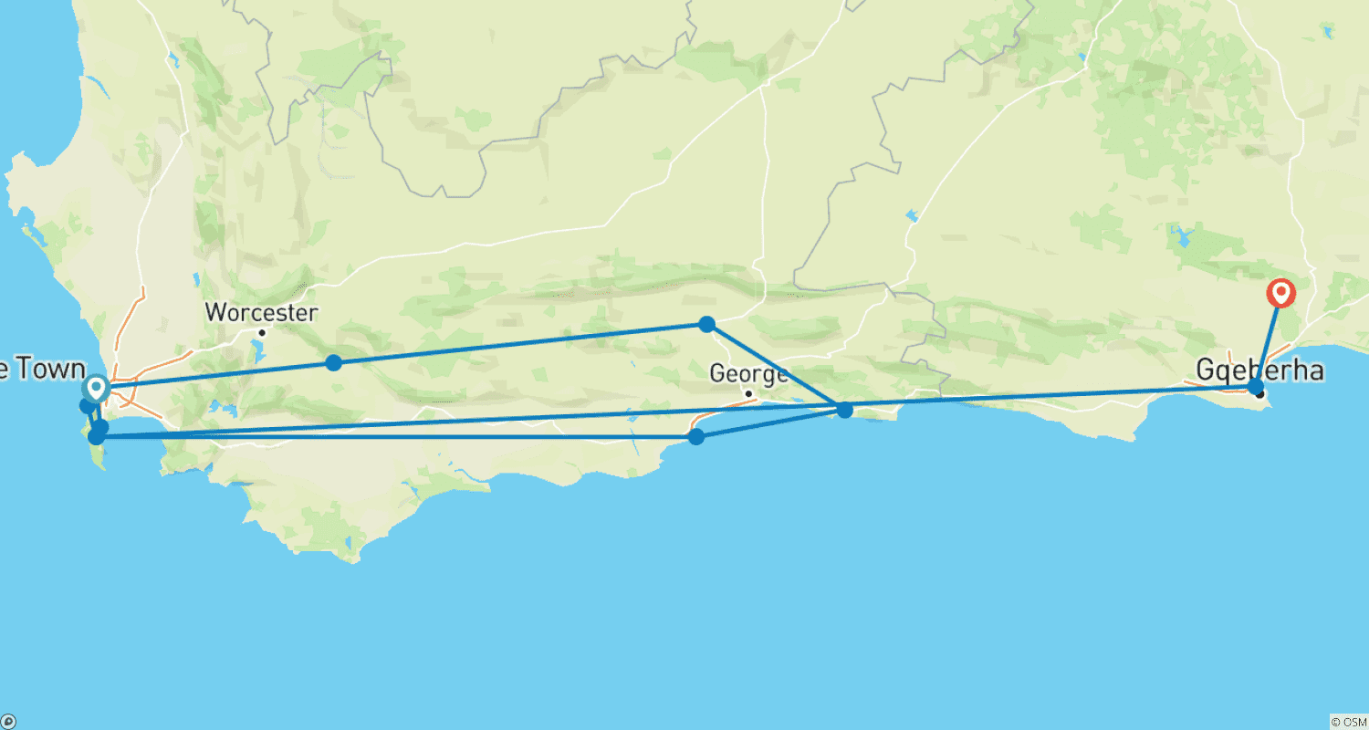 Mapa do percurso de Passeio de 5 Dias - Pinguins de Cape Point - Oudtshoorn - Mossel Bay - Knysna - Addo Elephant + Alojamento
