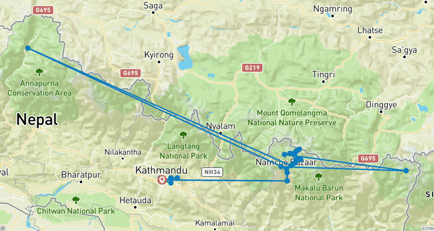 Mapa do percurso de Trekking dos Três Passos Altos do Evereste