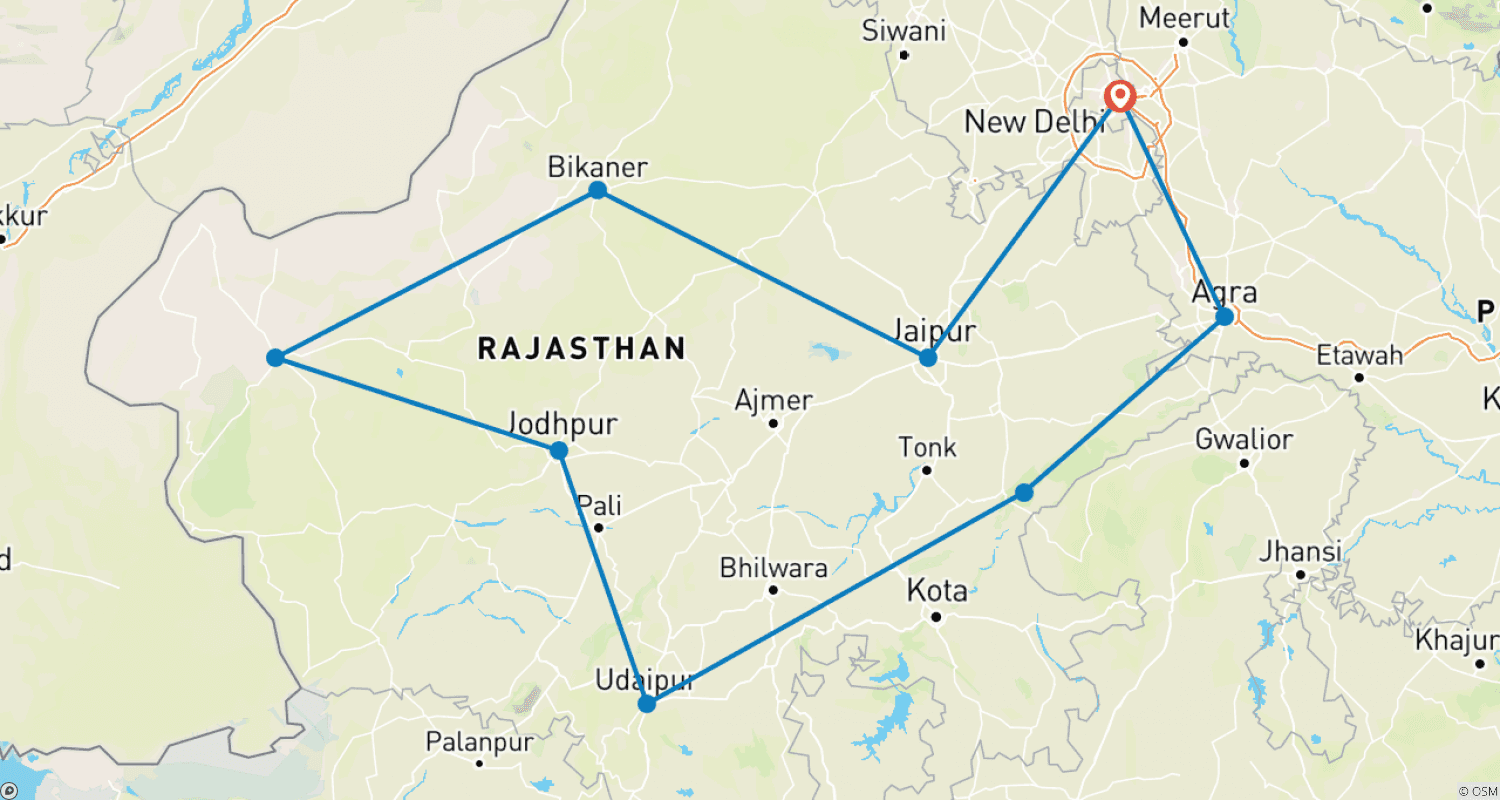 خريطة مسار جولة راجستان الرائعة لمدة 11 يومًا | Royal Rajasthan Travels