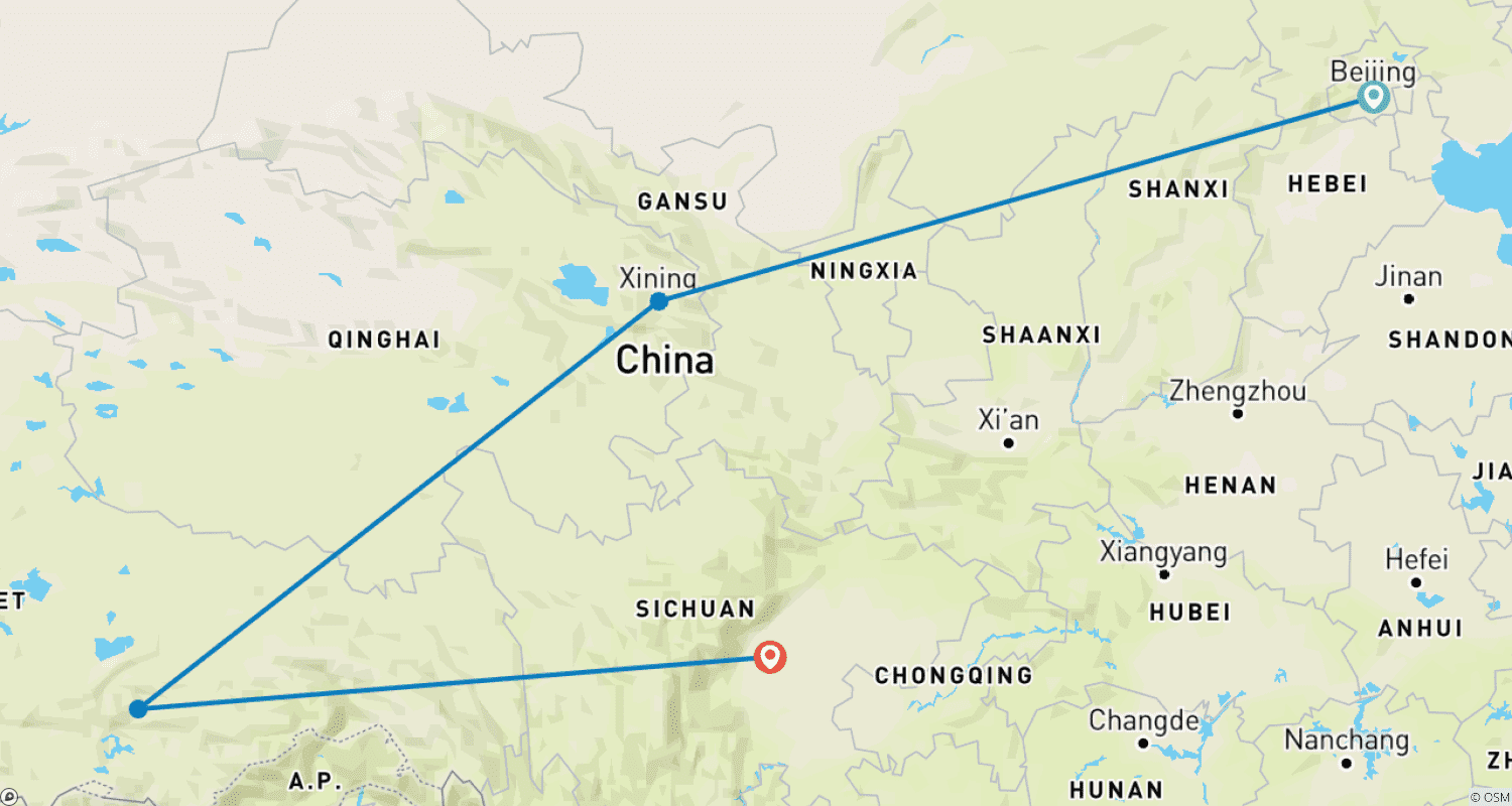 Mapa do percurso de Tibet Express de Trem do Planalto: Pequim, Xining, Lhasa e Chengdu, 8 Dias
