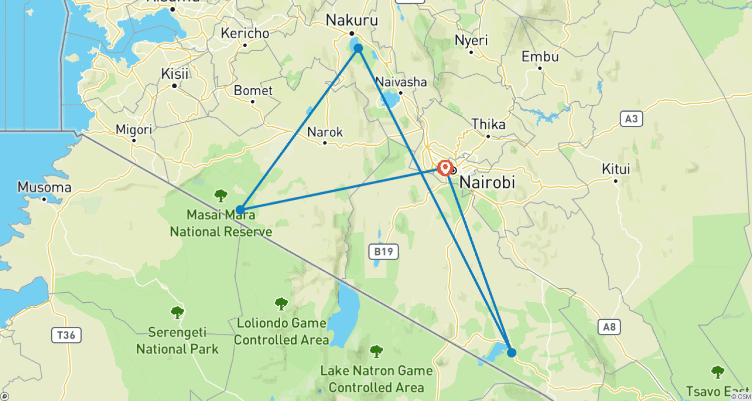 Mapa trasy: 6-dniowe safari grupowe 4x4 w budżecie w Kenii – Maasai Mara, Amboseli i jezioro Nakuru