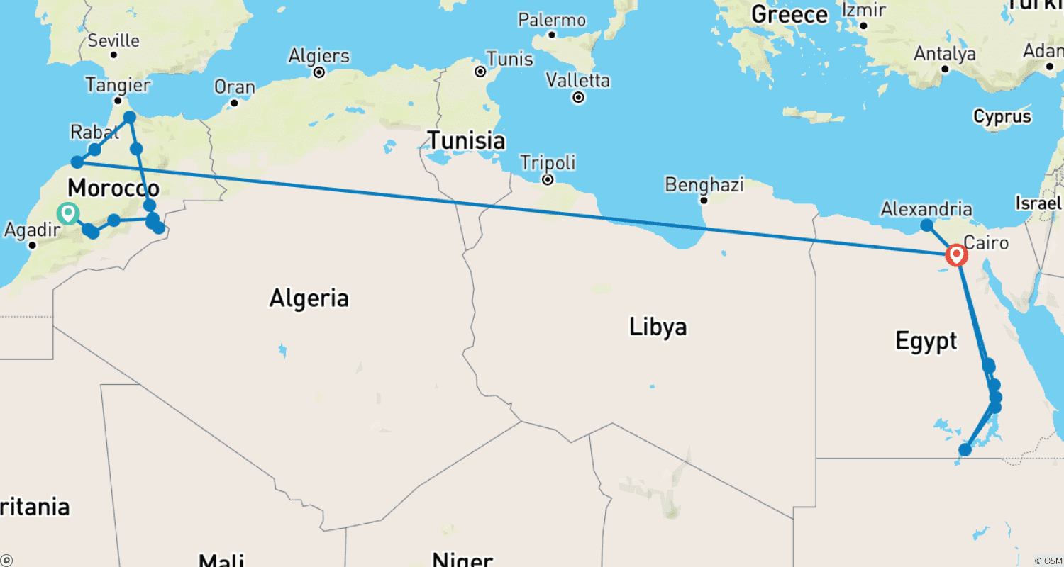Mapa do percurso de 15 Dias de Destaques em Marrocos e Egito