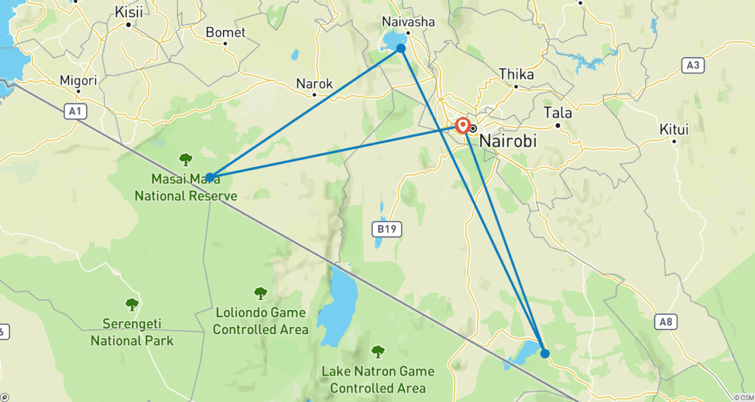 خريطة مسار جولة انضمام اقتصادية لمدة 5 أيام إلى Amboseli وMasai Mara في كينيا (مناسبة للمجموعات)