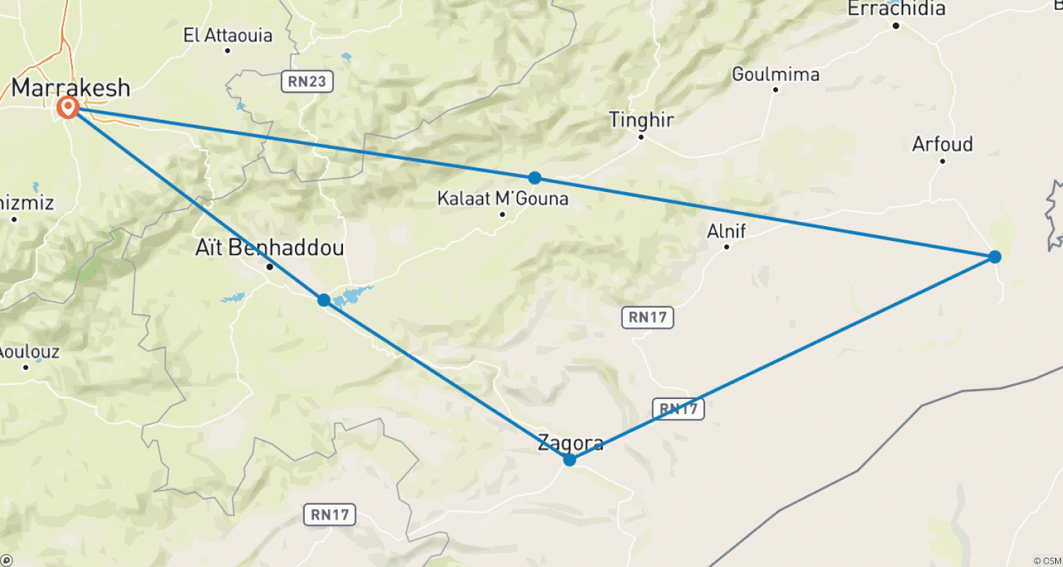 Mapa do percurso de Tour de Estrada das Caravanas de Marrocos