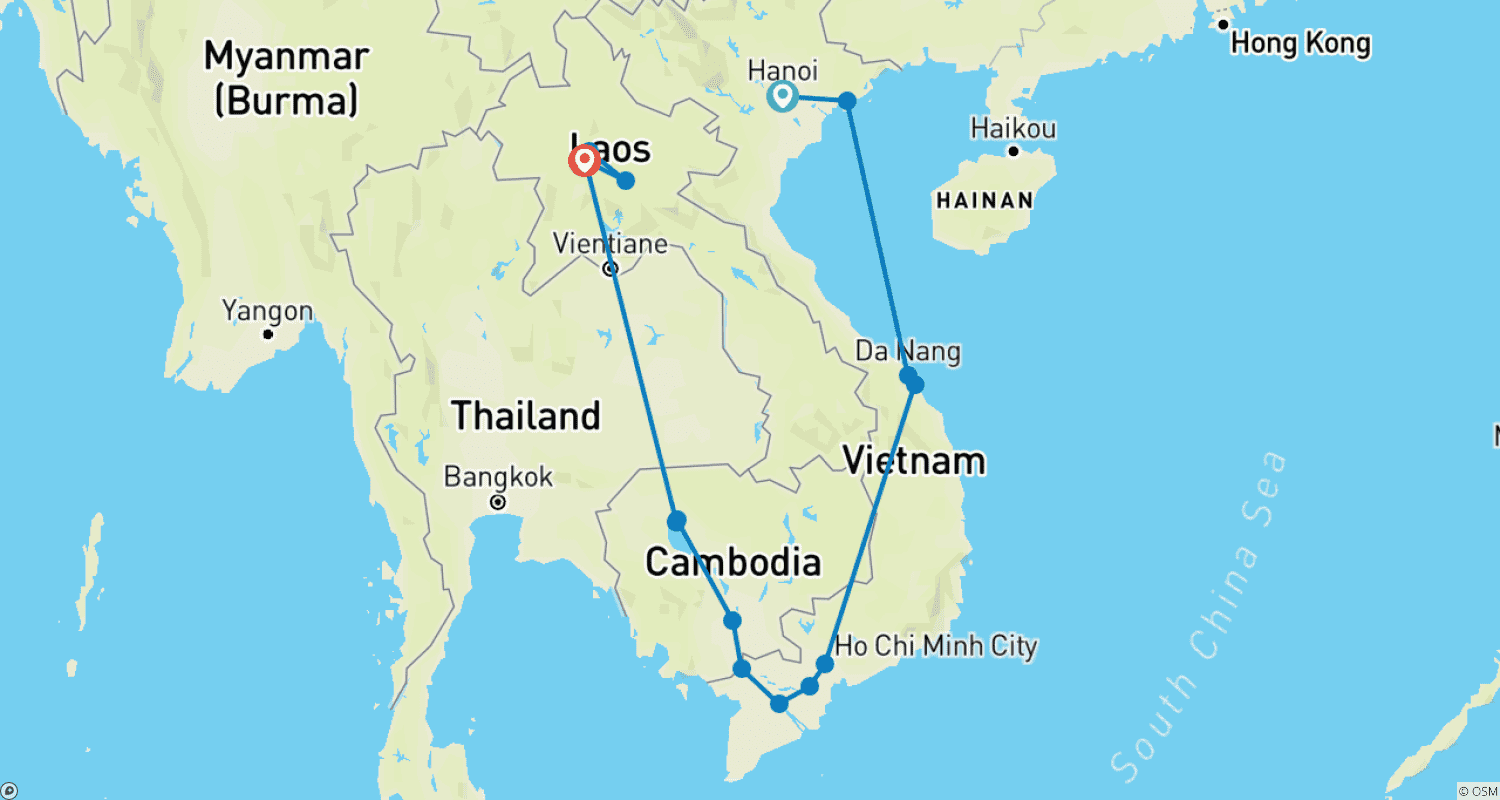 Mapa do percurso de Odisseia de 20 dias pelo Vietnã, Camboja e Laos