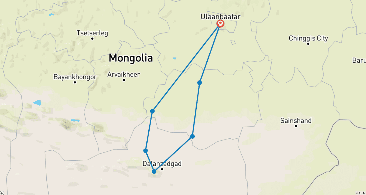 Mapa do percurso de Deserto de Gobi e Safári de Jeep na Mongólia