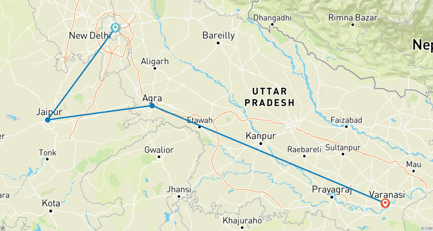 Mapa do percurso de Triângulo Dourado com Varanasi - Royal Rajasthan Travels